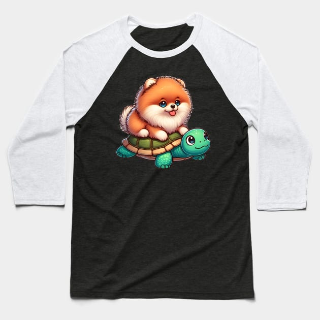 Pomeranian on a turtle ride Baseball T-Shirt by FromBerlinGift